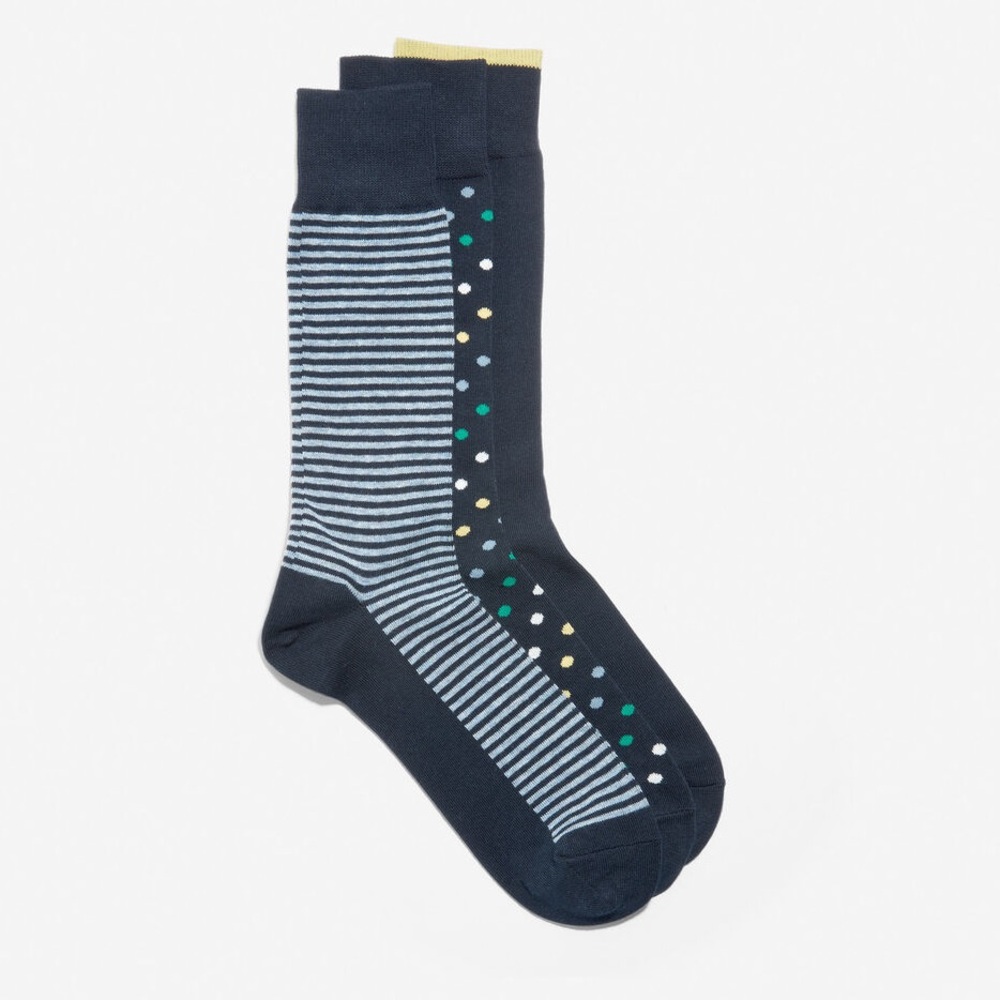 COLE HAAN MENS 3 PAIR PACK COTTON CREW SOCKS DOT-STRIPE NAVY/SUNSET GOLD OS NWT